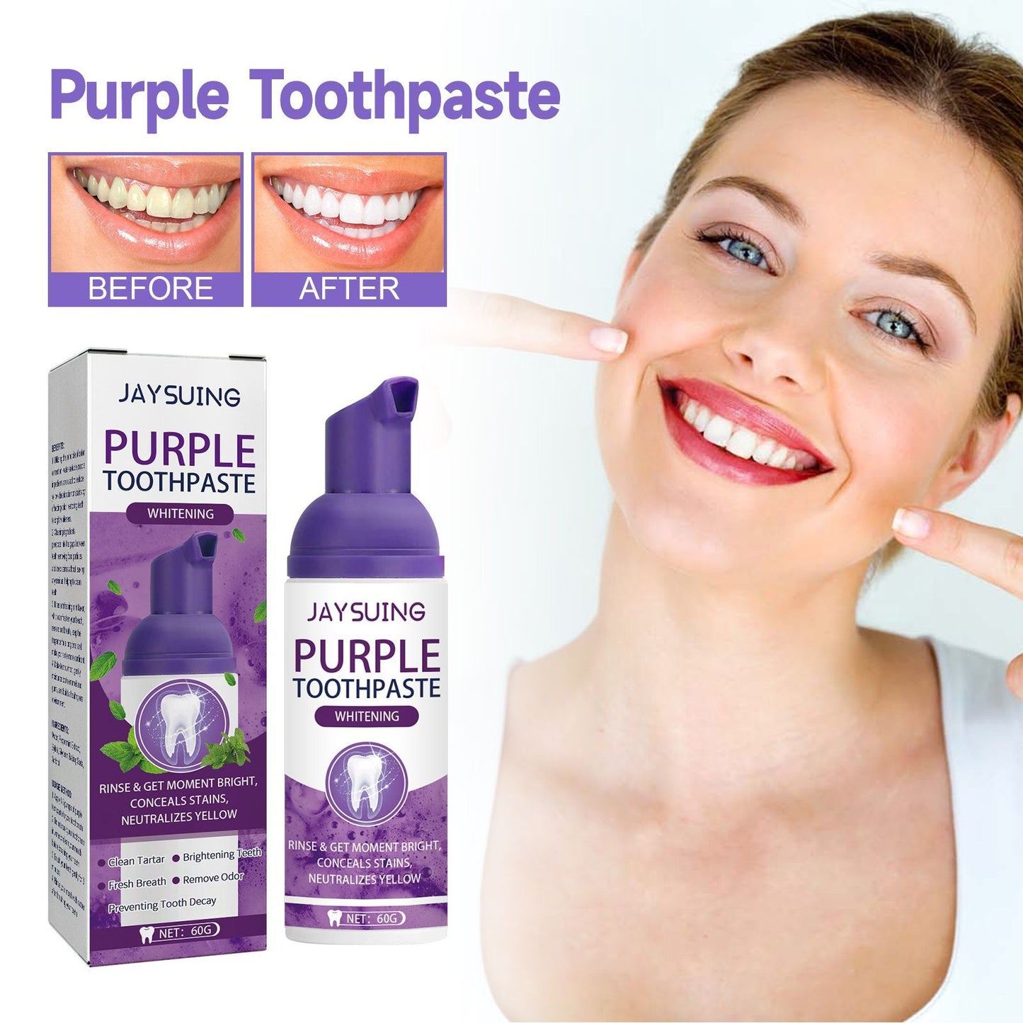 Purple Toothpaste Whitening ( Brightens Teeth, Cleanses Stains, Diminishes Odors) - By Jaysuing