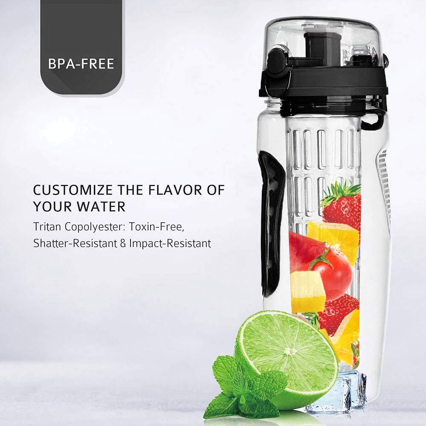 32oz/1000ml BPA Free - Plastic Sport Fruit Infuser Water Bottles, Shaker style